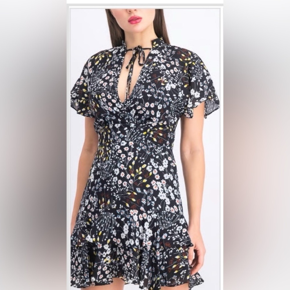 Parker Black And White Flutter Sleeve V-Neck W/ Tie Tiered Mini Dress. Back Zip